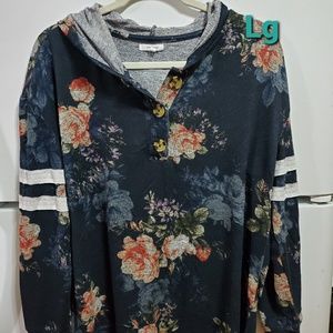 Hooded, button down, floral top